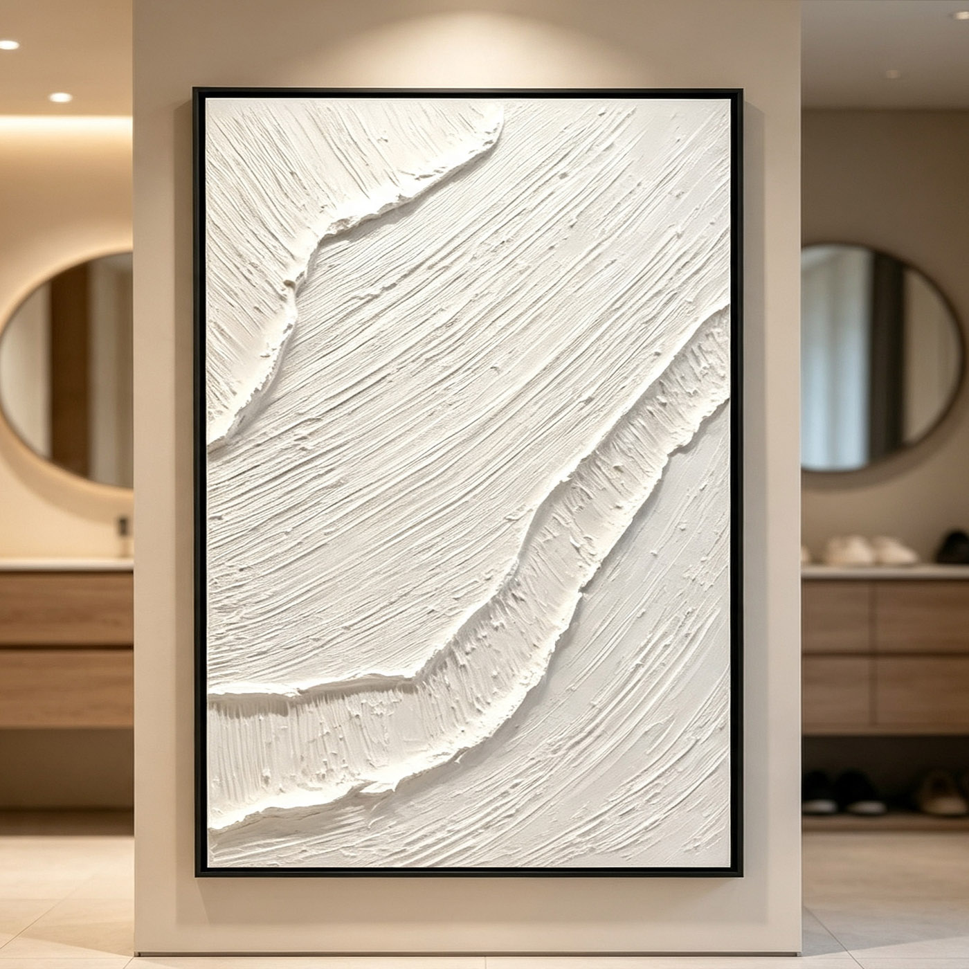 Home Decor Frames - 手描きの白い3D厚塗り抽象油絵 ミニマリストの波型キャンバスウォールアート 細額縁のホームデコレーション