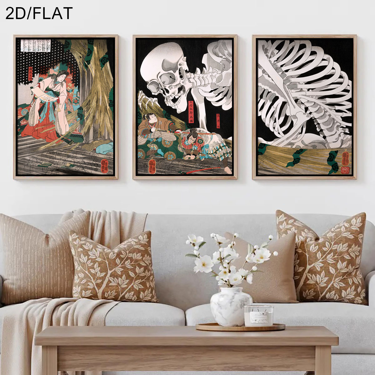 Home Decor Quirky - 3 個のレトロな日本のタキヤシャ魔女とスケルトン幽霊キャンバスウォールアート非フレーム化された抽象キャンバスプリントリビングルームの装飾用