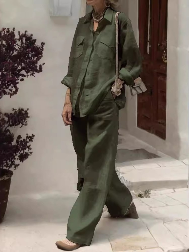 Home Decor Zara - ファッション固体綿リネンシャツ 2 点セット女性のための秋長袖ブラウストップポケットパンツスーツ女性のカジュアル衣装