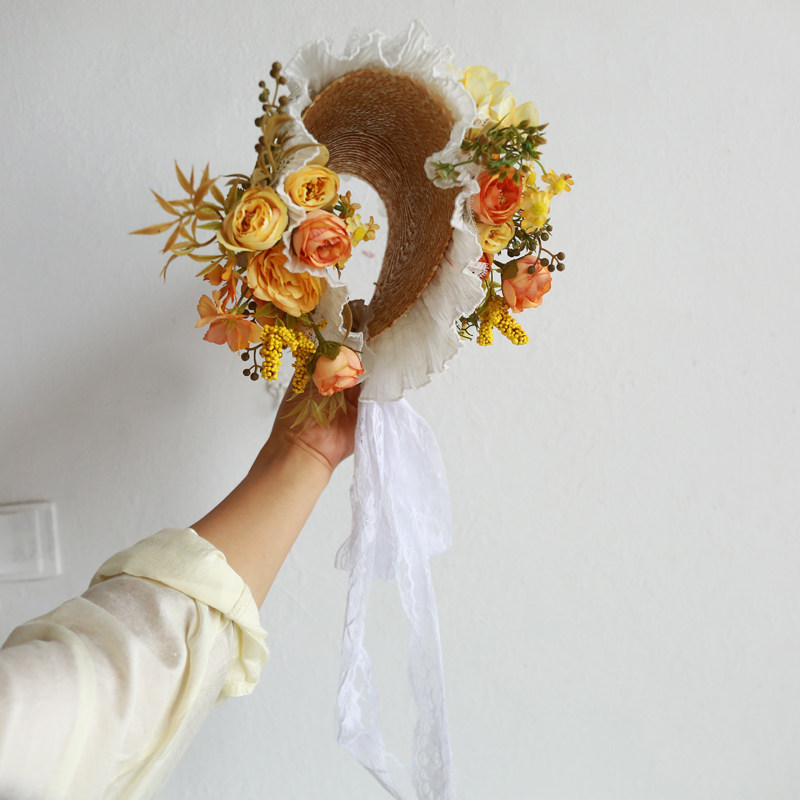 Home Decor Location - ロケーション：田園風景のフランスのウェディング写真、花嫁DIY粘着花ストローハット、フラットハット、レトロな英国風フォトレースハット