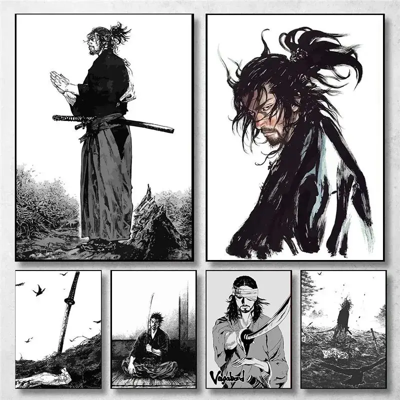Home Decor Essentials - ヴィンテージ日本のアニメウォールアート三毛利武蔵放浪武士ポスターキャンバス絵画完璧な家の装飾マンガ用