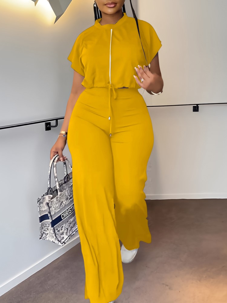 Home Decor Zara - 女性カジュアルラウンドネック巾着半袖トップ & ハイウエストパンツセット夏固体ツーピーススーツセット衣装セット女性