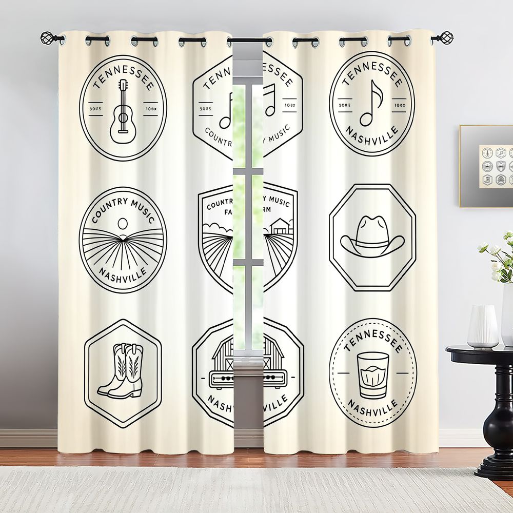 Home Decor Curtains - テネシーカントリーミュージックテーマカーテン、ナッシュビルの美的黒白ラインアートプリントドレープ、モダンな装飾カーテン
