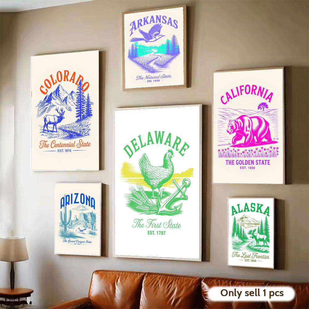 Home Decor Design Ideas - アニマル US ステートアートデザインポスター モダンな自己粘着アートウォールデカール 寝室&リビングルームの家の装飾に最適、素晴らしいギフトアイデア