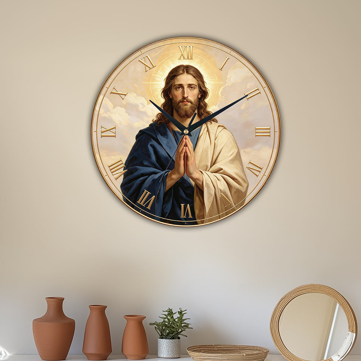 Home Decor Location - 木製祈りの姿勢を表す壁掛け時計1個、寝室やリビングルームなど様々な場所に適した室内装飾品