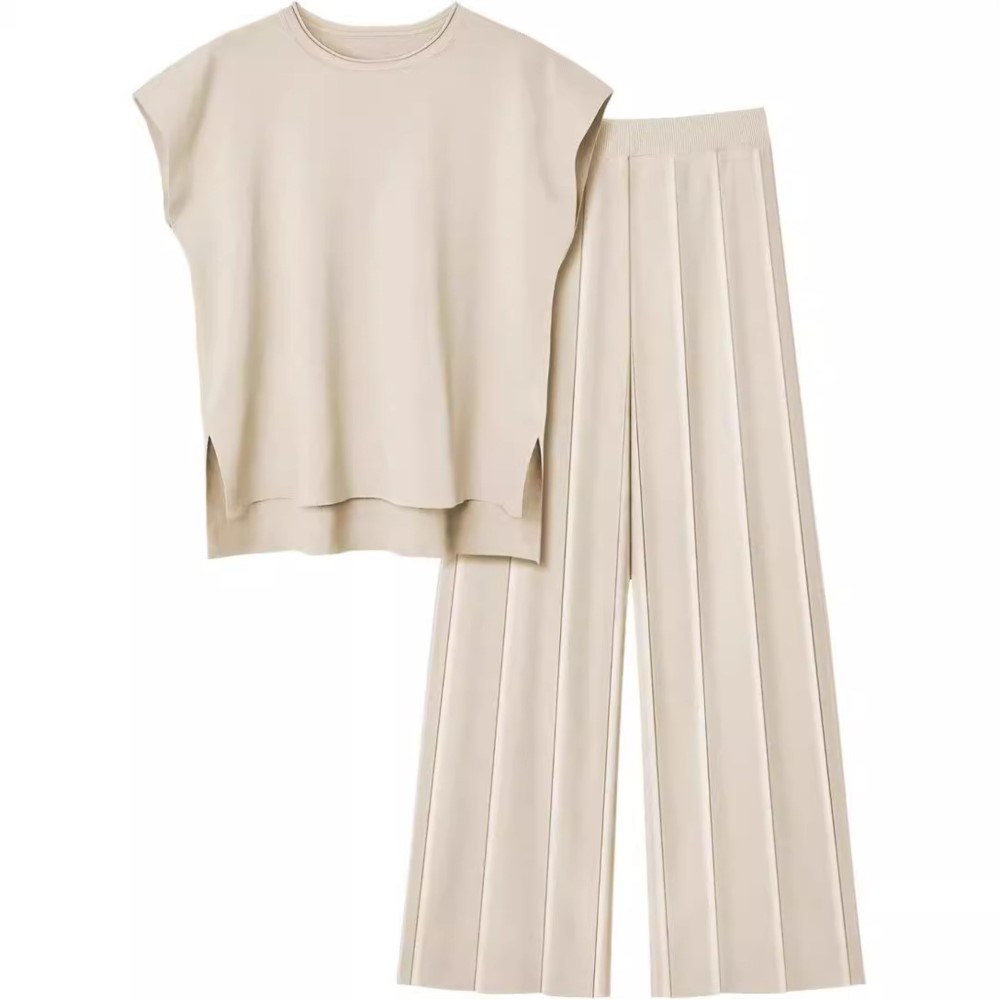 Home Decor Zara - スタイリッシュな女性のノースリーブタンクトップニットベストワイドレッグパンツアイスシルクスーツ、夏の新しいソリッドカラーのカジュアル衣装
