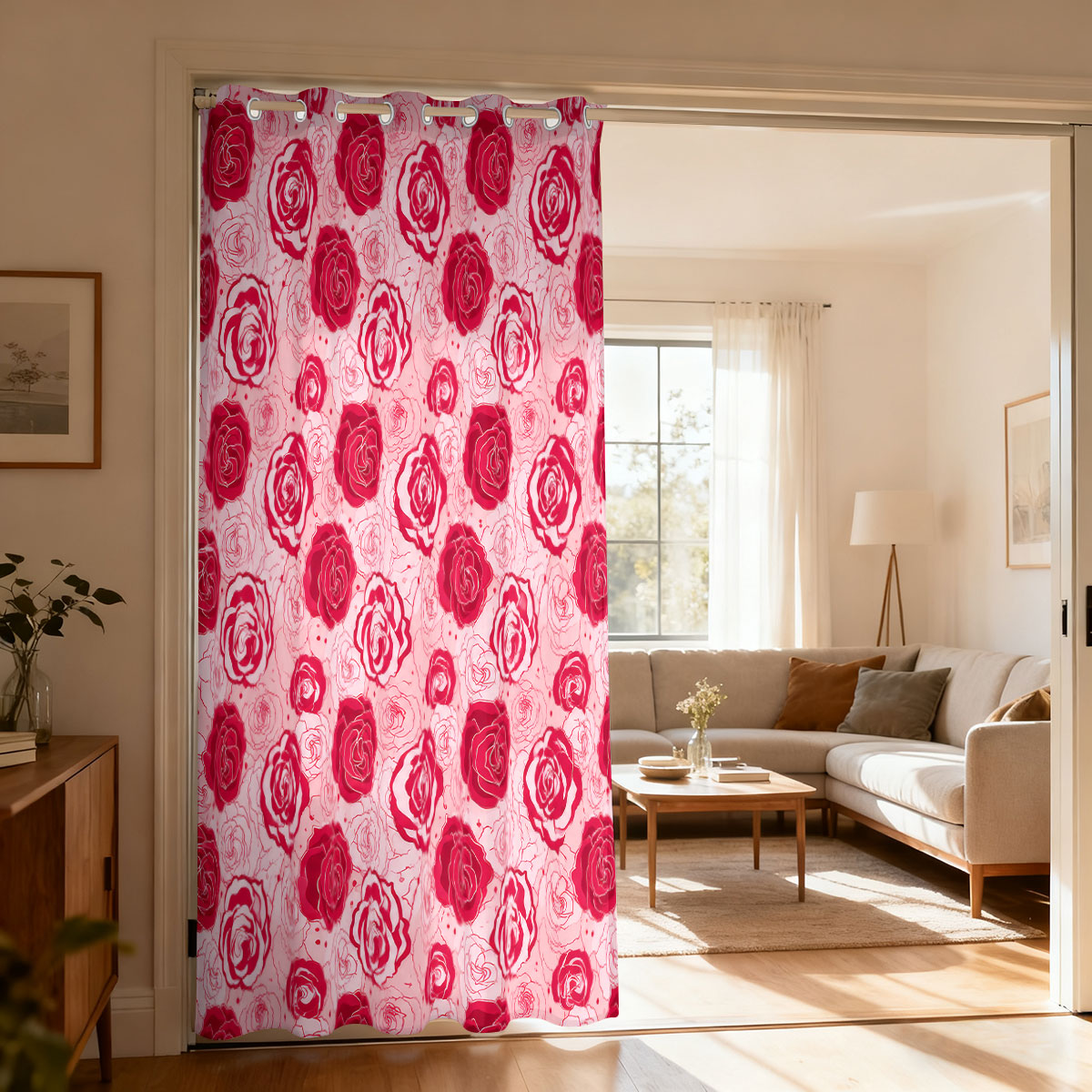 Home Decor Curtains - 1pc ライトグリーンベースピンクローズフローラルシングルループカーテン、リビングルーム寝室用装飾ドアカーテン、ファッションホームハング