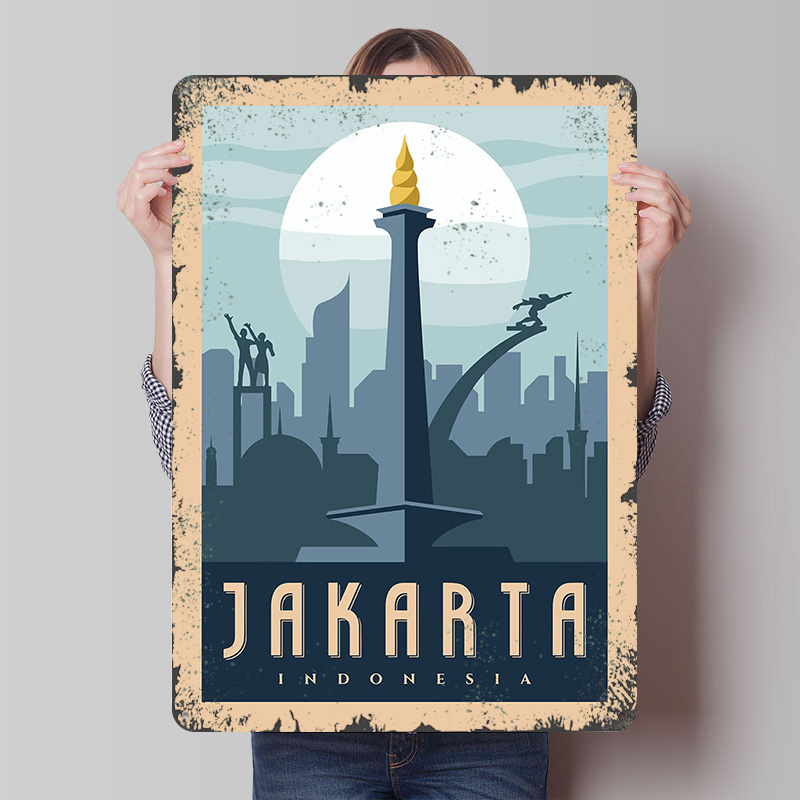 Home Decor Jakarta - ジャカルタインドネシア旅行メタルポスターカスタマイズされた壁アートレトロヴィンテージブリキ看板オフィス装飾部屋家の装飾用