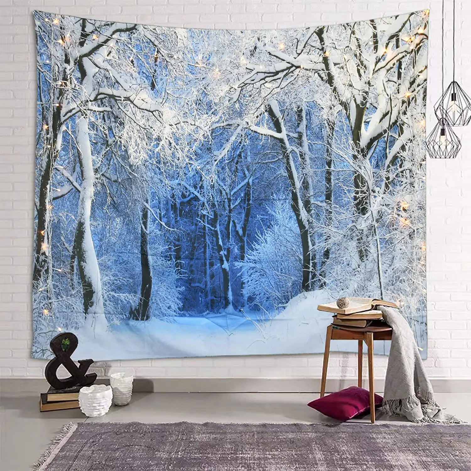 Home Decor Yoga - 白い森の雪の壁に掛けるクリスマスのタペストリー,パーティー,リビングルーム,寝室,寮,家の装飾のための大きなタペストリー