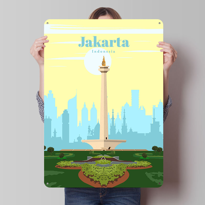 Home Decor Jakarta - ジャカルタへの旅行 ポスター印刷 カスタマイズされたレトロなウォールアート ヴィンテージメタルサイン 部屋の装飾 ホームデコレーションアイテム