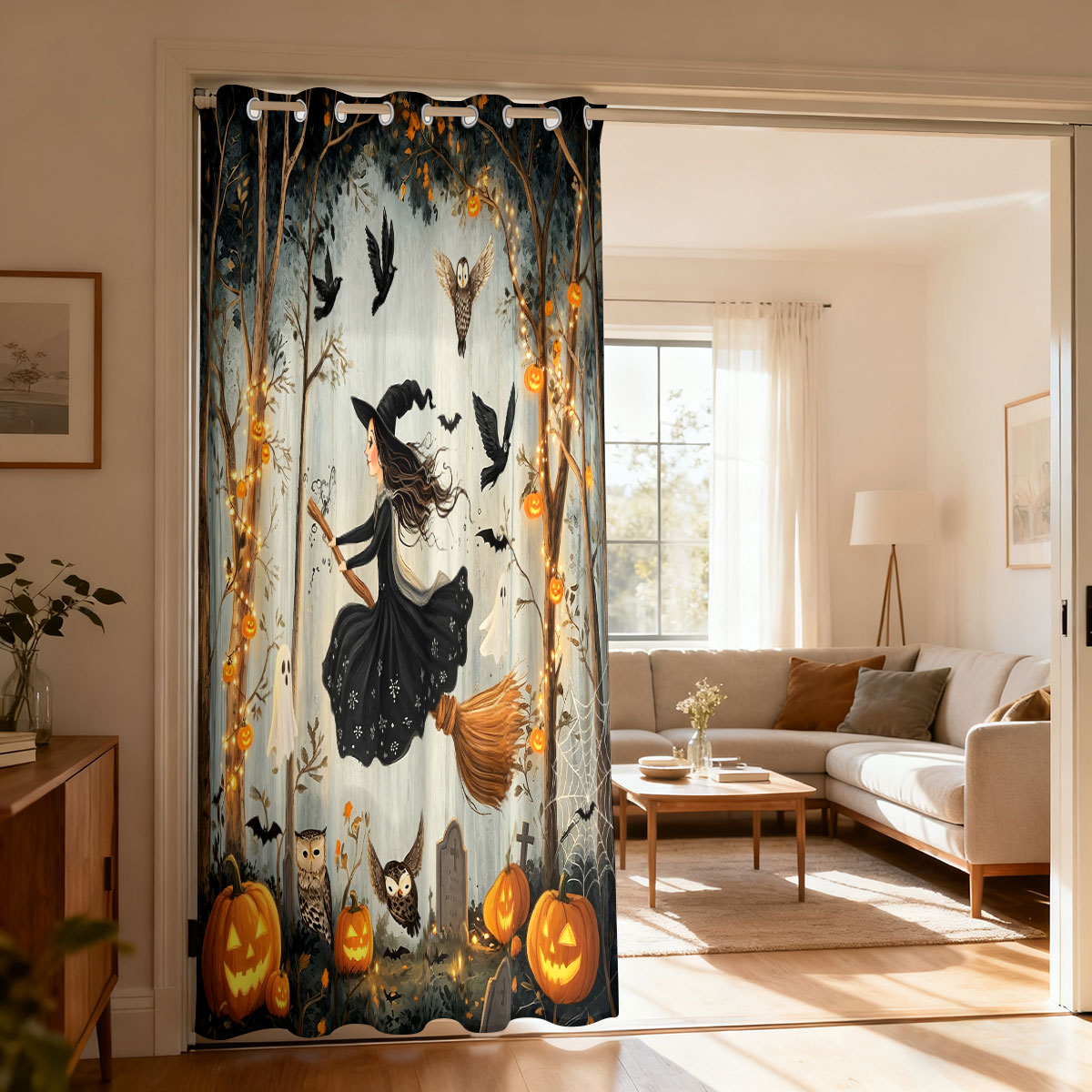 Home Decor Curtains - 1PC ハロウィン魔女カボチャゴーストフォレストプリントシングルループカーテンリビングルーム寝室ドア窓家の装飾用
