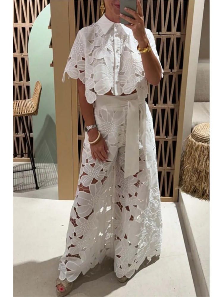 Home Decor Zara - セクシーなラペルシングルブレストシャツトップ + ワイドレッグパンツ 2 点セット女性ファッション無地エレガントカジュアル中空スーツ女性