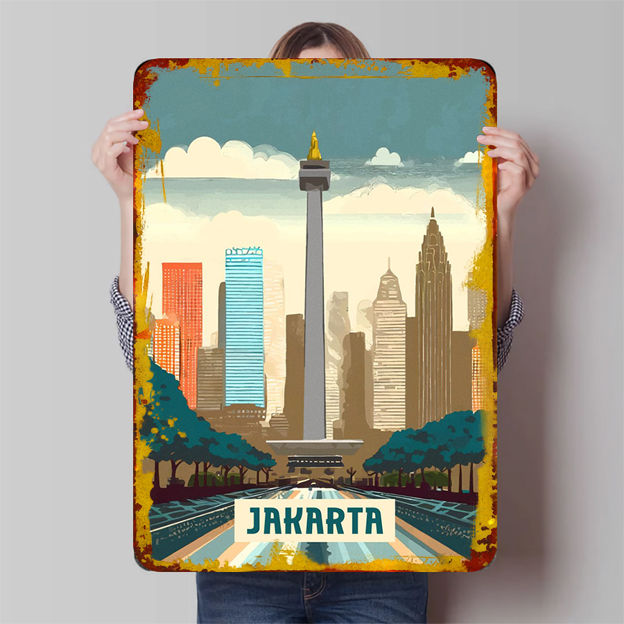 Home Decor Jakarta - ジャカルタインドネシアランドマークスカイラインメタルウォールアート装飾ブリキ看板ホームオフィス装飾用