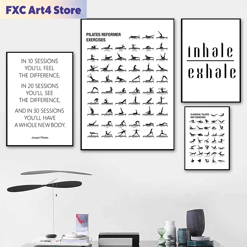 Home Decor Yoga - フレームレスピラティスワークアウトチャートポスターキャンバスプリントヨガルームの壁装飾、ピラティスギフトボディビルディングガイドフィットネスジム絵画