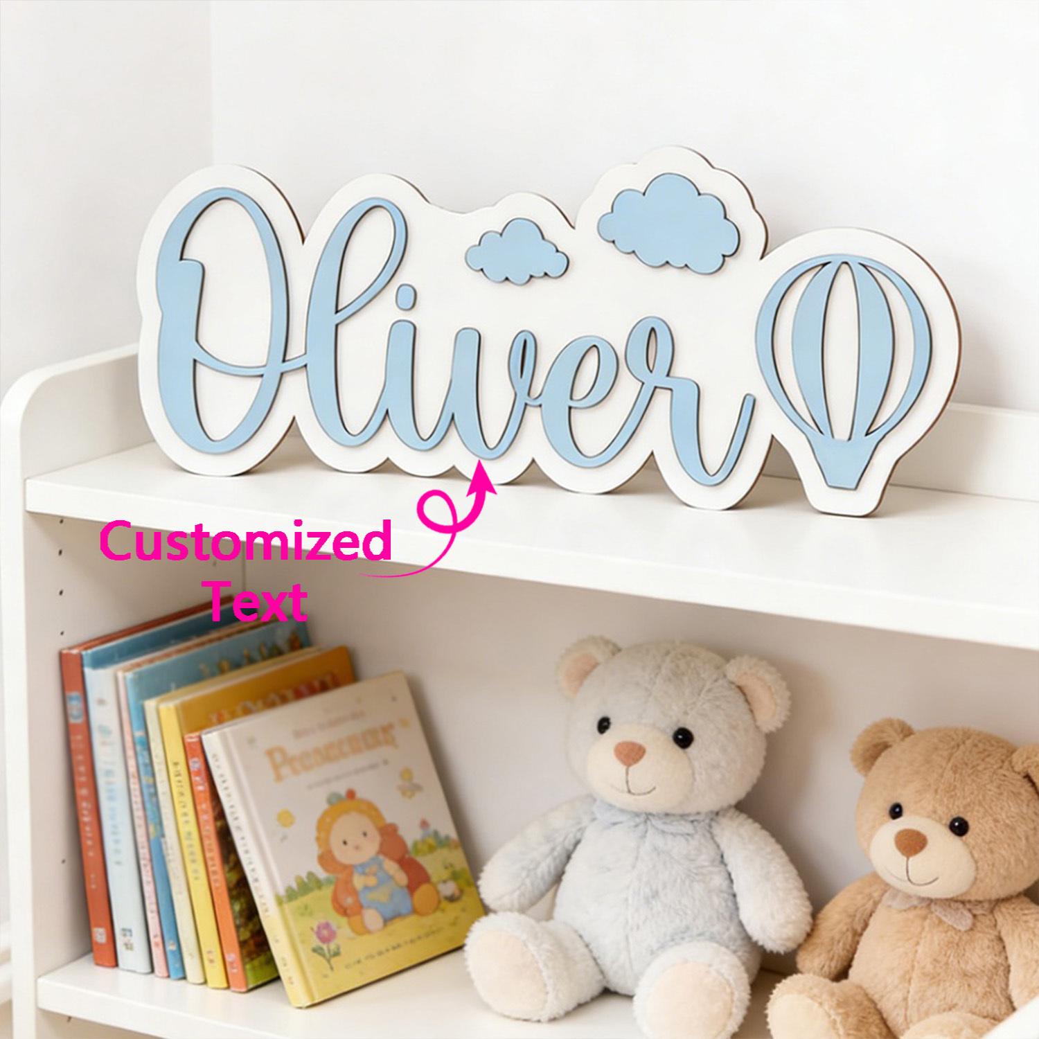 Home Decor Pinterest - パーソナライズされた熱気球と雲の名前入りルームサイン、カスタマイズ可能なパステルブルーの木製飾り板、保育園の寝室の装飾、素敵な贈り物