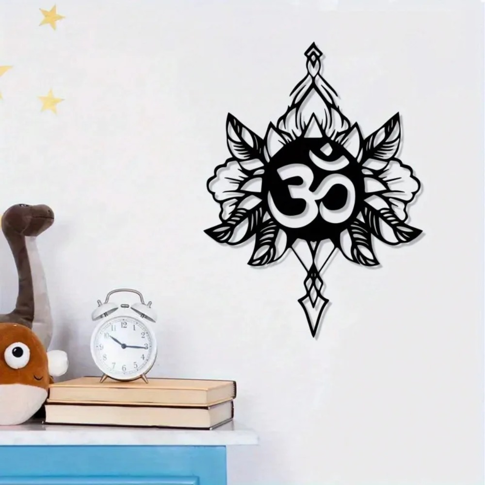 Home Decor Yoga - オム・ロータスメタルウォールアート、耐候性ヨガ瞑想装飾、ホームオフィス用スピリチュアルギフト