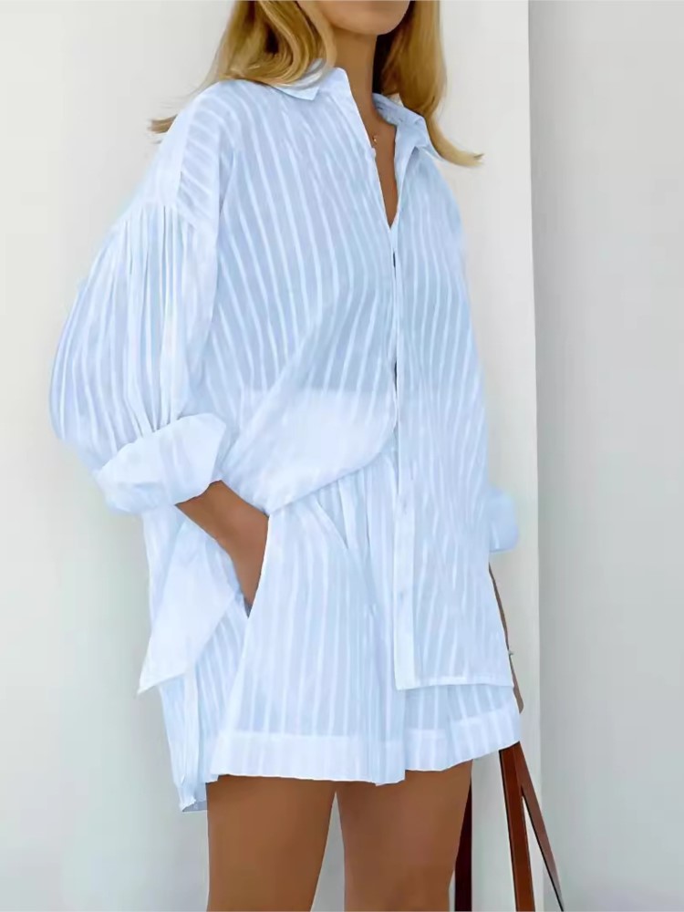 Home Decor Zara - 2024 春夏固体綿ショートツーピースセット女性ストライプ長袖シャツショーツ 2 点セットシンプルなスタイルの女性のスーツ