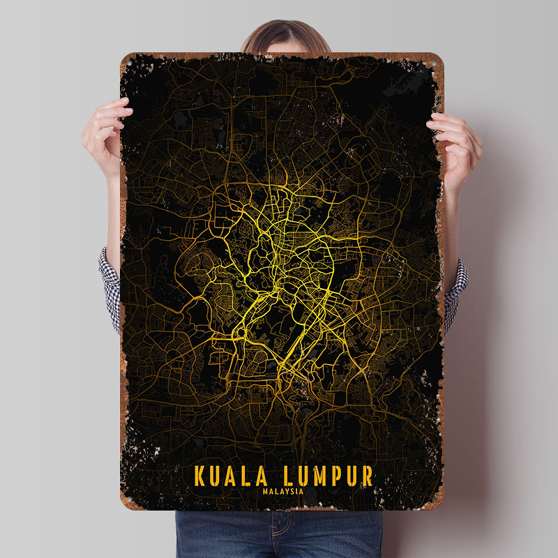 Home Decor Kuala Lumpur - クアラルンプールゴールデンシティマッププリントポスターカスタマイズされたレトロウォールアートヴィンテージメタルティンサイン家の装飾用美的部屋飾り