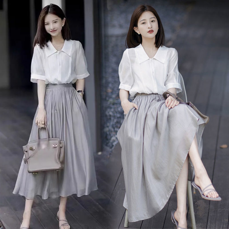 Home Decor Zara - 女性の優雅な夏の白シャツグレースカート1または2つのピースドレスセット2022新韓国女性のエレガントなブラウスラインのスカートの衣装