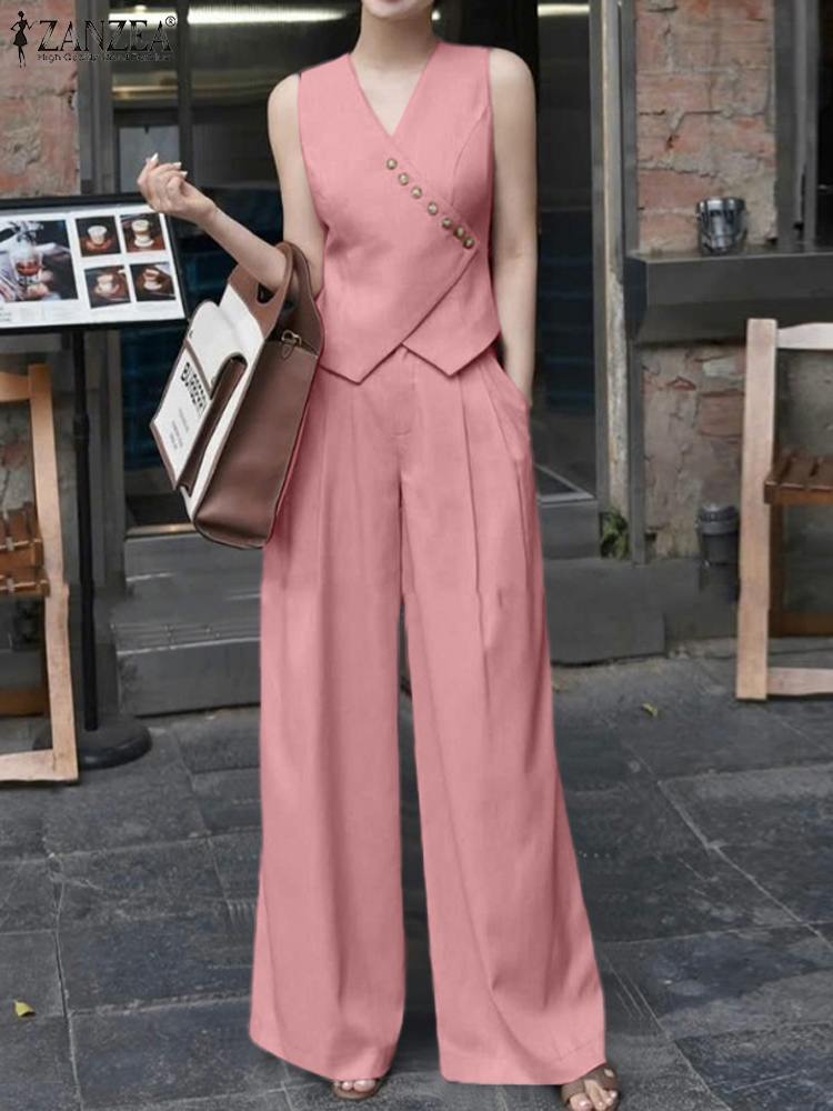 Home Decor Zara - Zanzea-女性用ワイドレッグパンツスーツ、不規則なベスト、スタイリッシュな衣装、オフィストップ、エレガントなストリートウェア、ボタン、2個