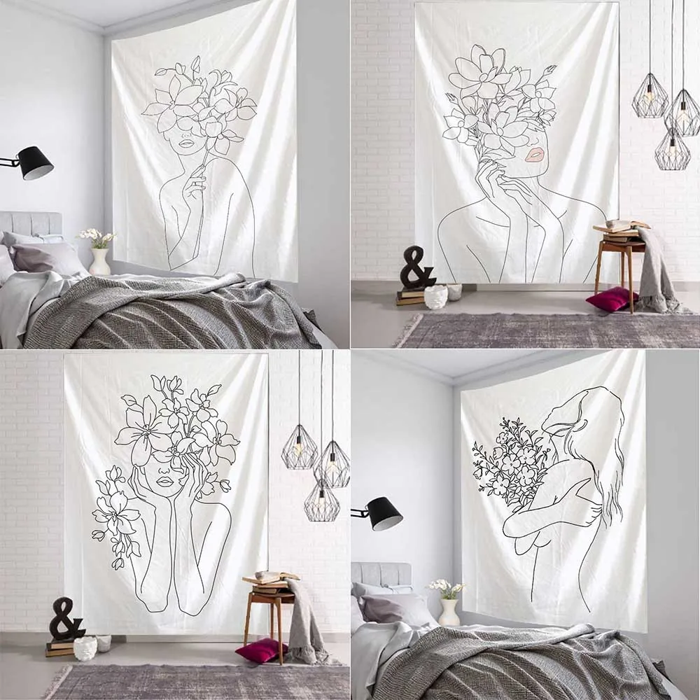 Home Decor Yoga - 女の子のためのシンプルなラインタペストリー,白い壁のハンギングクロス,ピクニックマット,美しい部屋の装飾,家の装飾
