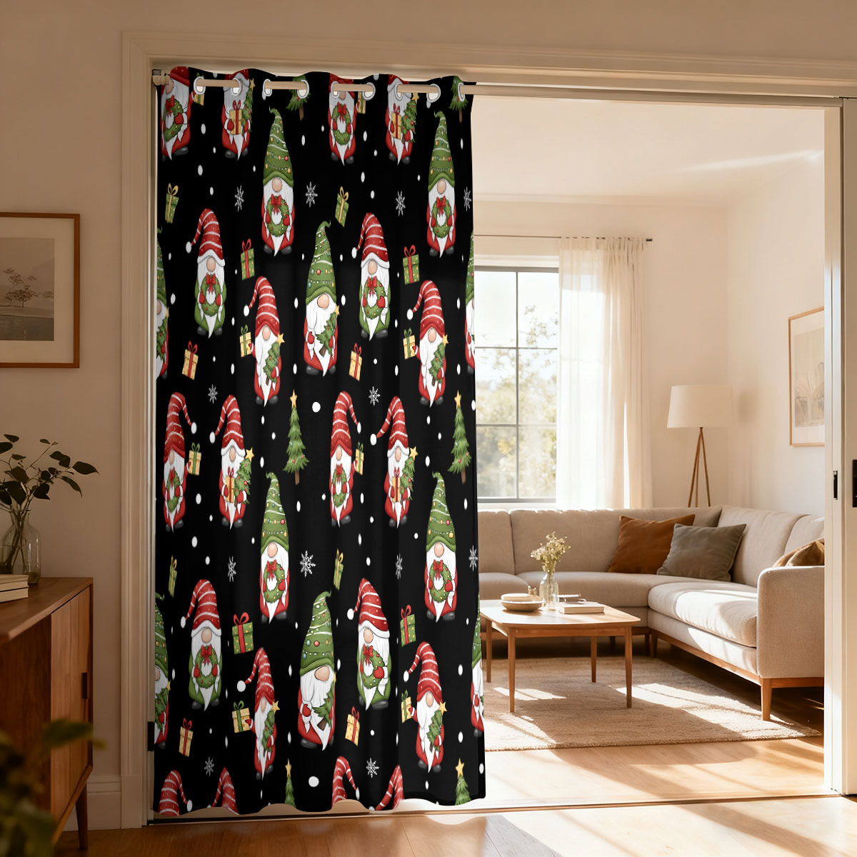 Home Decor Curtains - クリスマスドワーフクリスマスツリーギフトプリントシングルループカーテン、ドア吊り下げカーテン、リビングルーム、寝室、ファッションホームデコレーション