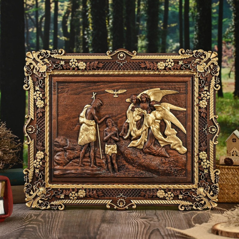 手作りの木製レリーフ壁飾り、イエスの洗礼シーンの宗教彫刻装飾 - Home Decor Frames のレビューと価格