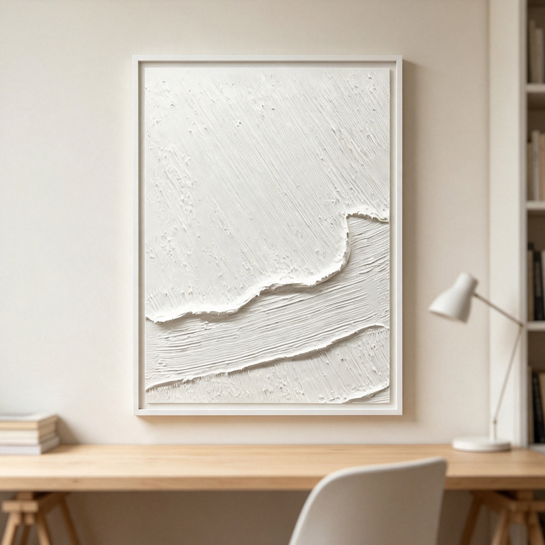 手描きの白い3D厚塗り抽象油絵 ミニマリストの波型キャンバス - Home Decor Frames のレビューと価格