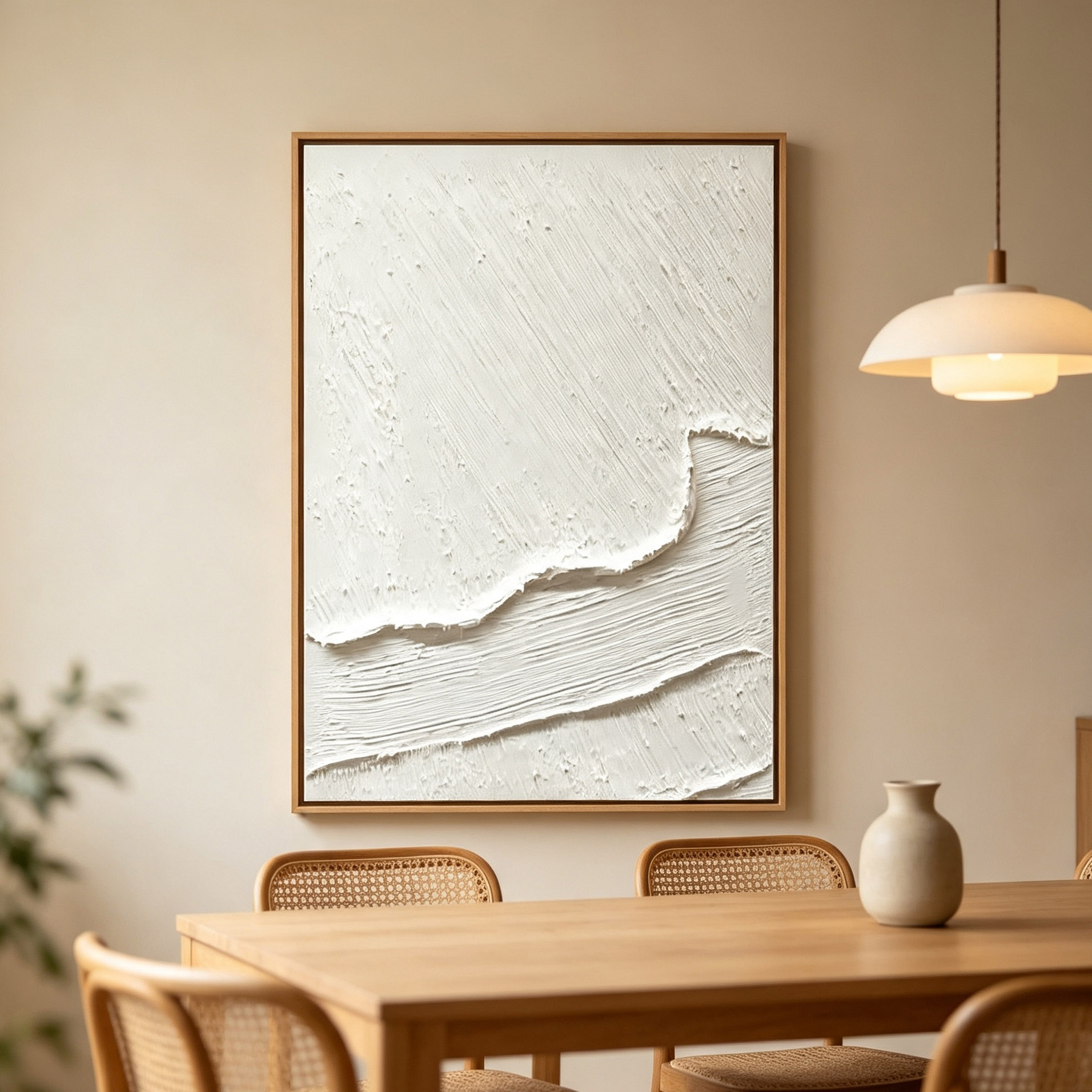 手描きの白い3D厚塗り抽象油絵 ミニマリストの波型キャンバス - Home Decor Frames のレビューと価格
