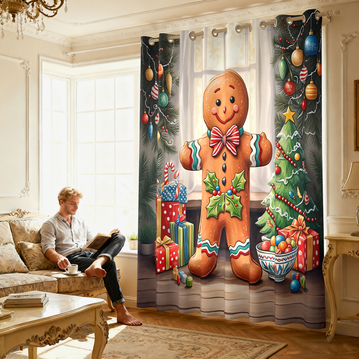 クリスマスジンジャーブレッドマンクリスマス装飾シングルパネル - Home Decor Curtains のレビューと価格