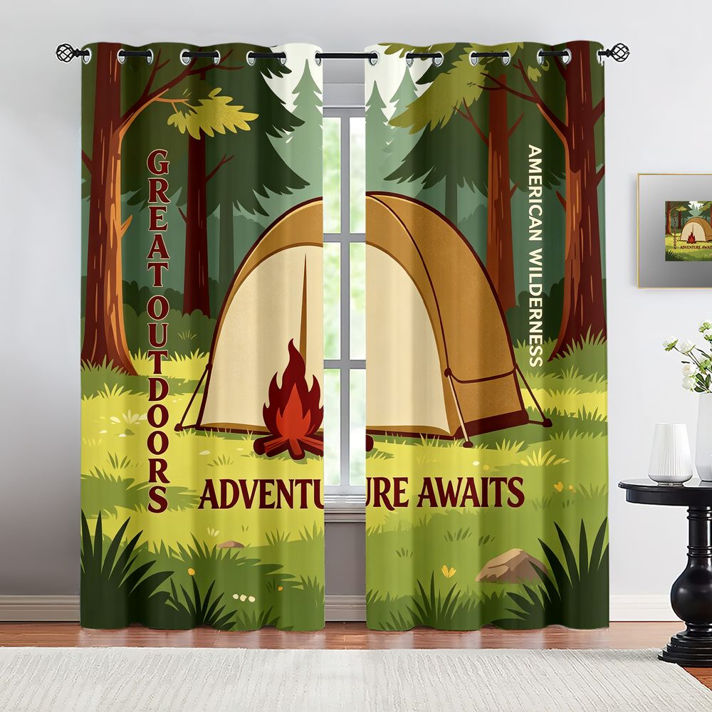 キャンプシーンプリントカーテン、素朴な自然森林アドベンチャー - Home Decor Curtains のレビューと価格