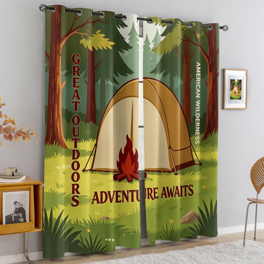 キャンプシーンプリントカーテン、素朴な自然森林アドベンチャー - Home Decor Curtains のレビューと価格