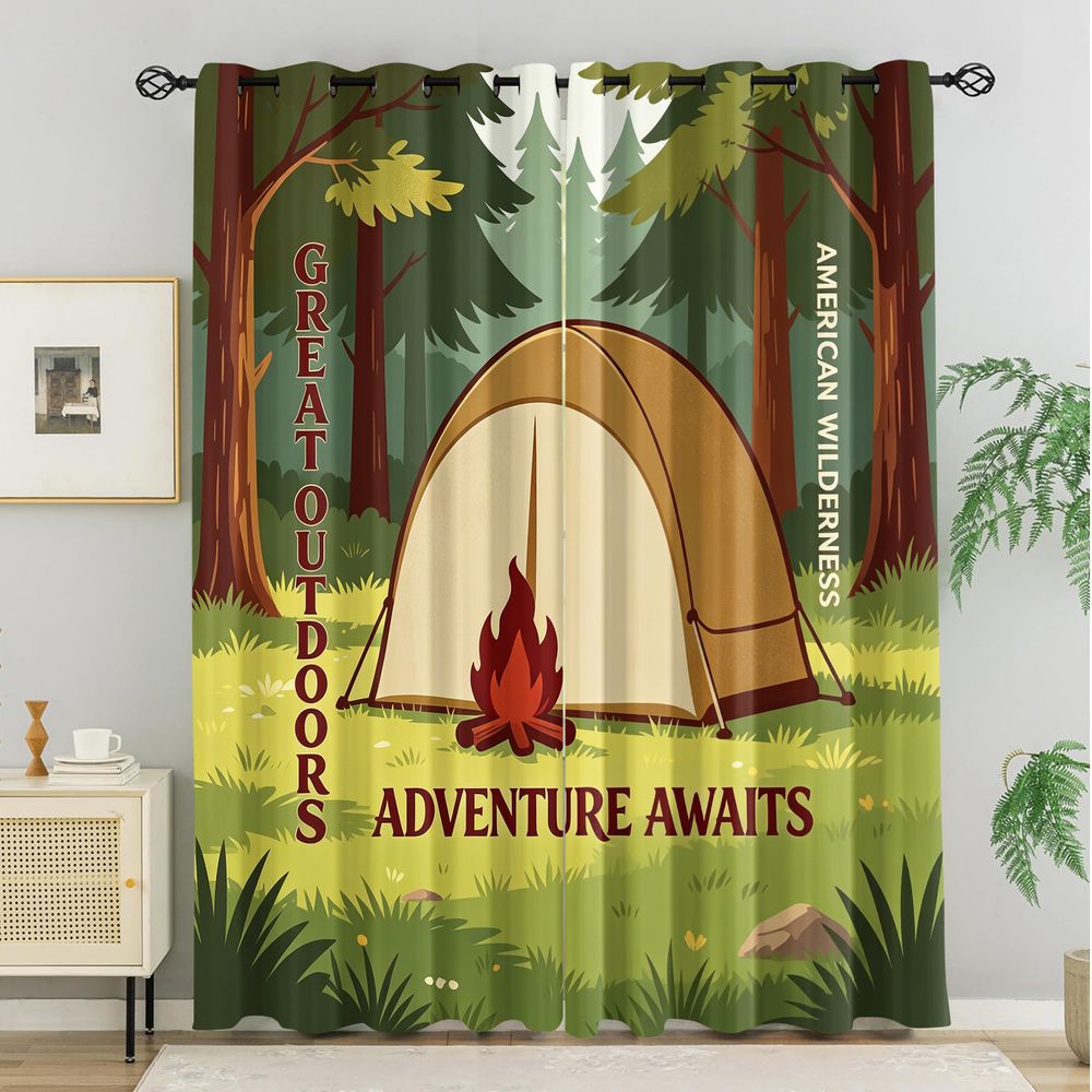 キャンプシーンプリントカーテン、素朴な自然森林アドベンチャー - Home Decor Curtains のレビューと価格