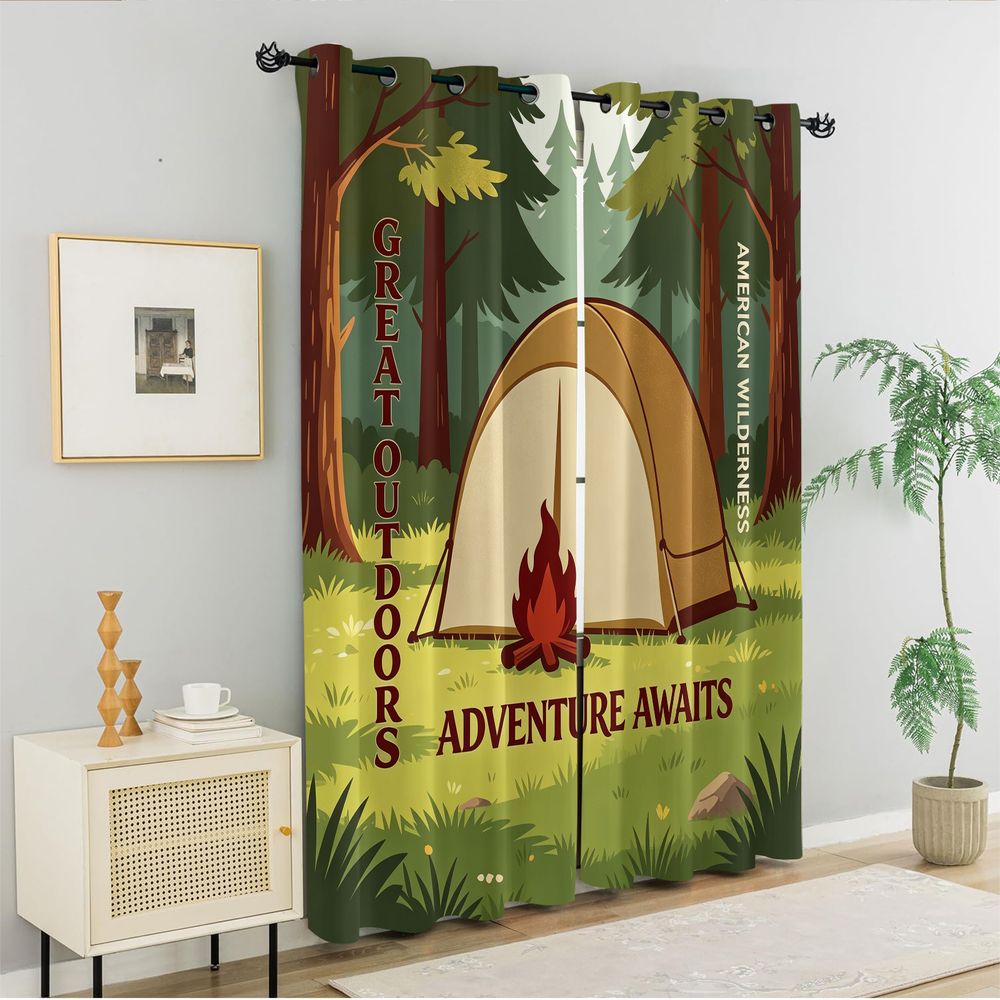 キャンプシーンプリントカーテン、素朴な自然森林アドベンチャー - Home Decor Curtains のレビューと価格