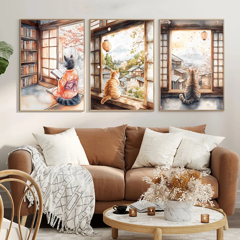 日本の黒猫が月を浴びる招き猫漫画イラストレトロポスターキャン - Home Decor Essentials のレビューと価格