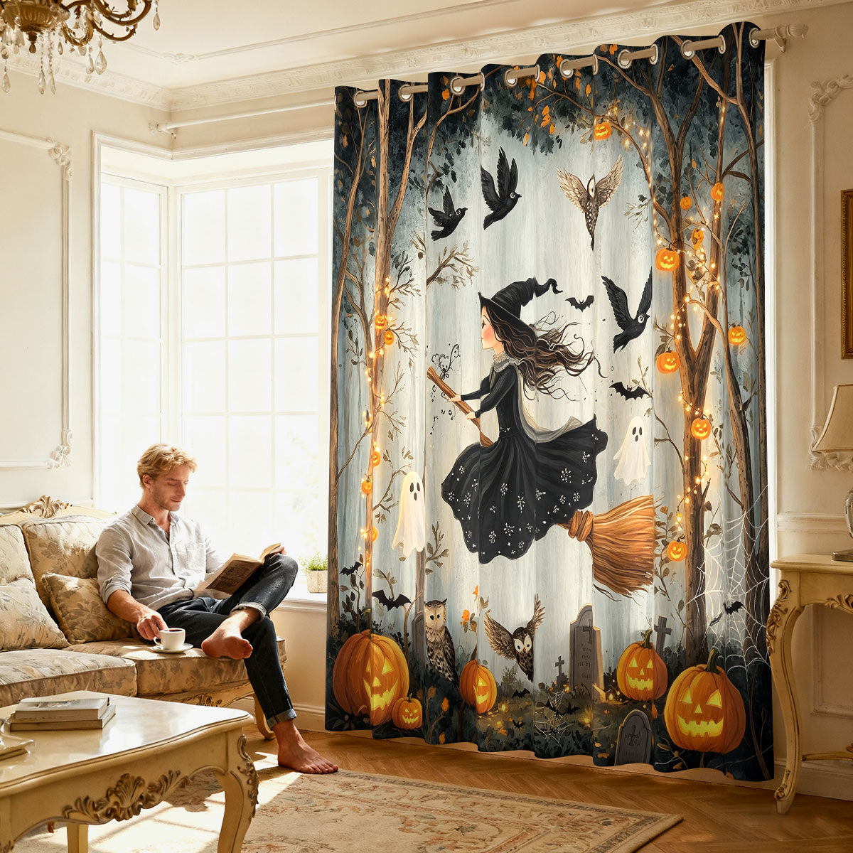 1PC ハロウィン魔女カボチャゴーストフォレストプリントシン - Home Decor Curtains のレビューと価格