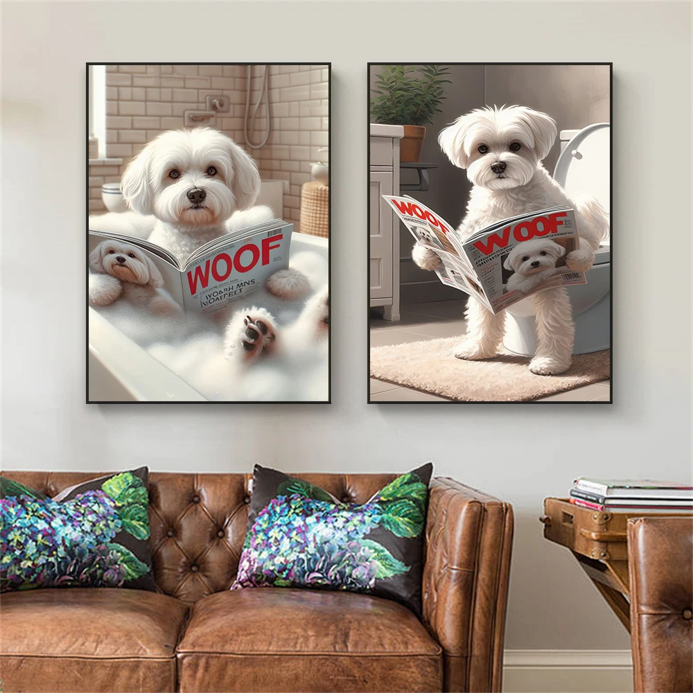面白いバスルーム用マルチーズ犬トイレ用雑誌風ウォールアート、 - Home Decor Magazine のレビューと価格