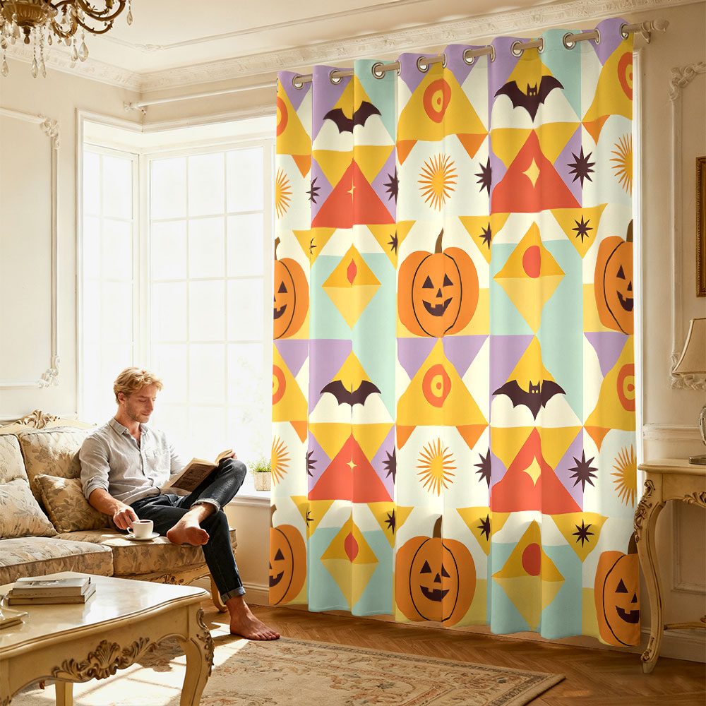 1pc ハロウィンカボチャコウモリ幾何学模様プリントシングル - Home Decor Curtains のレビューと価格