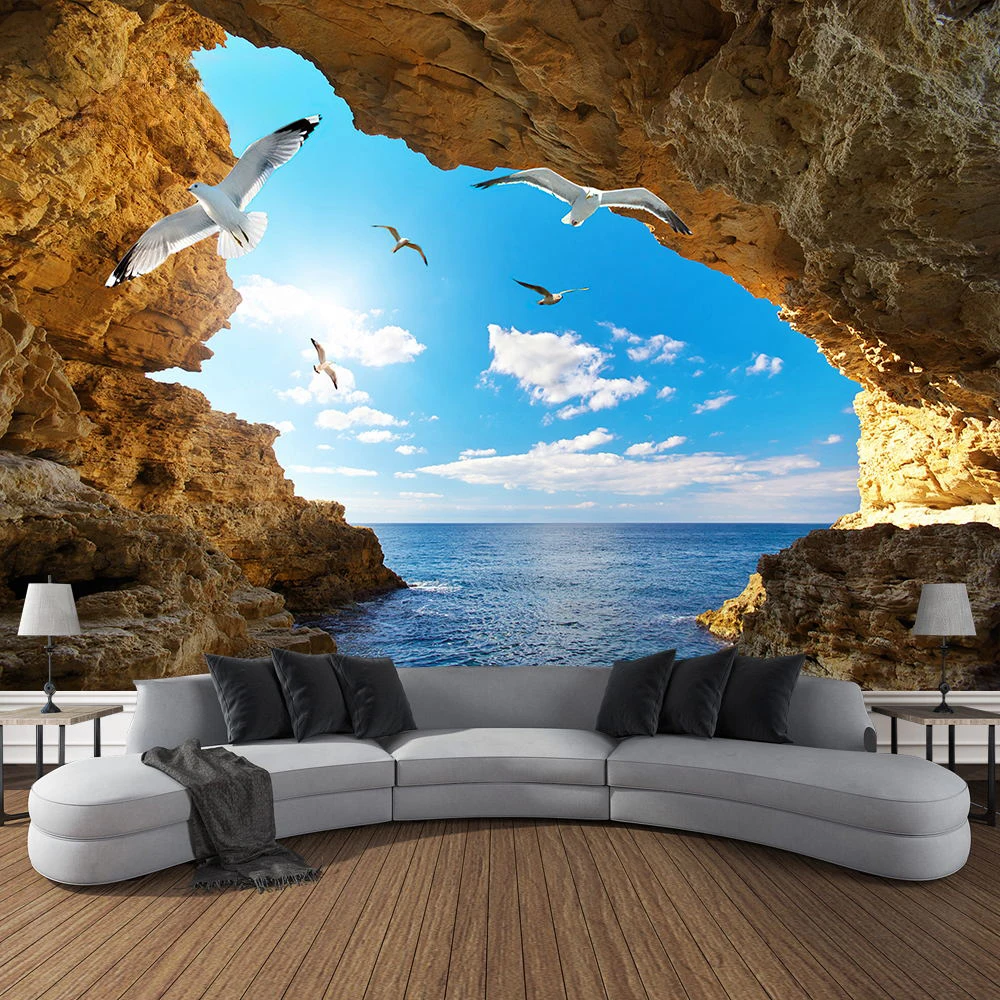 山の洞窟の風景タペストリー、海の鳥、ココナッツの木、セーリン - Home Decor Yoga のレビューと価格